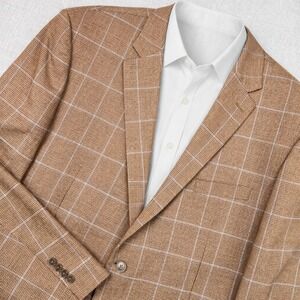 Jos A Bank Traveler Wool Windowpane Sport Coat Blazer Men 46L Brown Prep Office